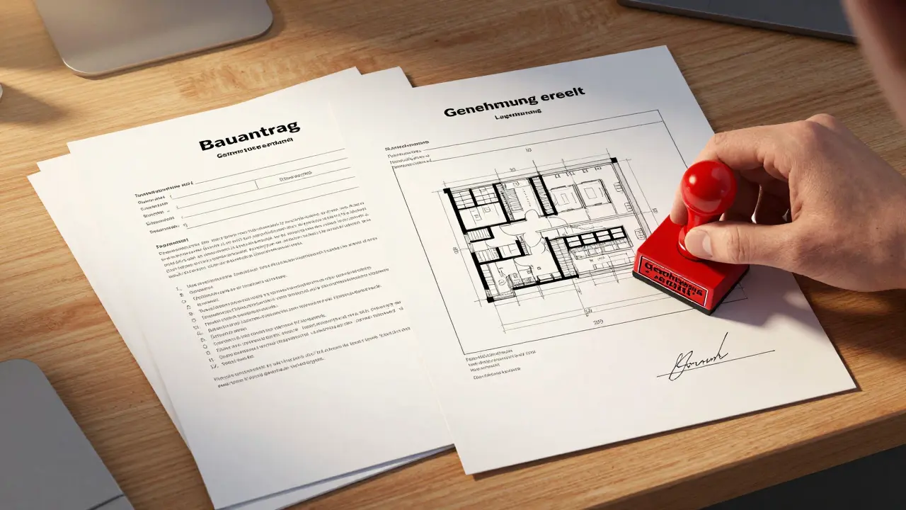 Schreibtisch mit Bauantrag, Lageplan und Unterschrift des Architekten in deutschem Bauamt.