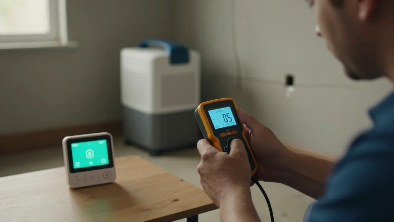 Techniker misst die Feuchtigkeit in einem Keller mit einem professionellen Gerät, ein Luftentfeuchter läuft im Hintergrund.