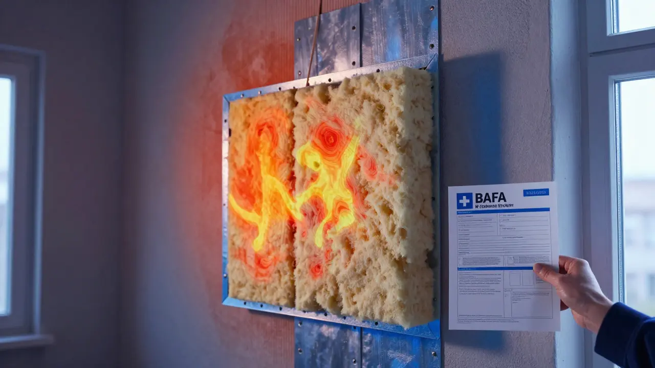 Thermografische Darstellung einer Wand vor und nach der Sanierung mit innenliegender Dämmung, begleitet von einem Förderantrag.