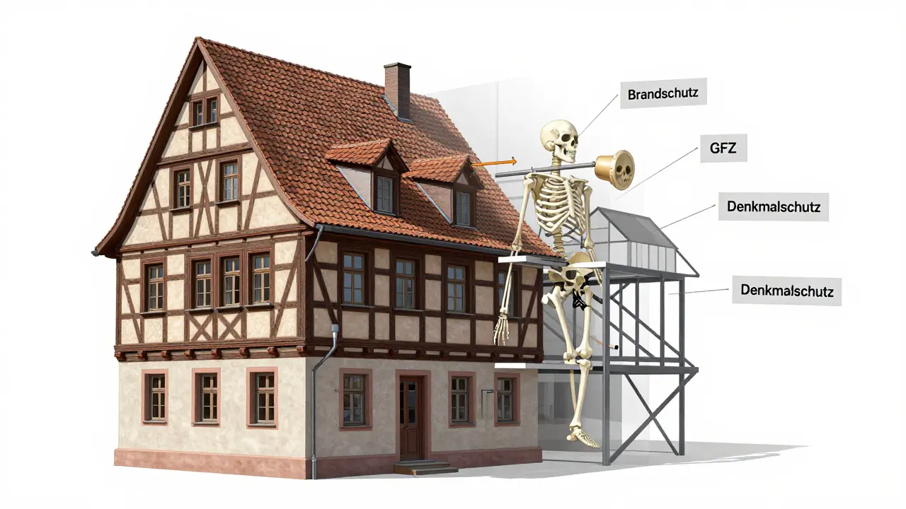 Transparenzdarstellung eines Hauses mit verborgenen Bauteilen wie Brandschutz und Statik.