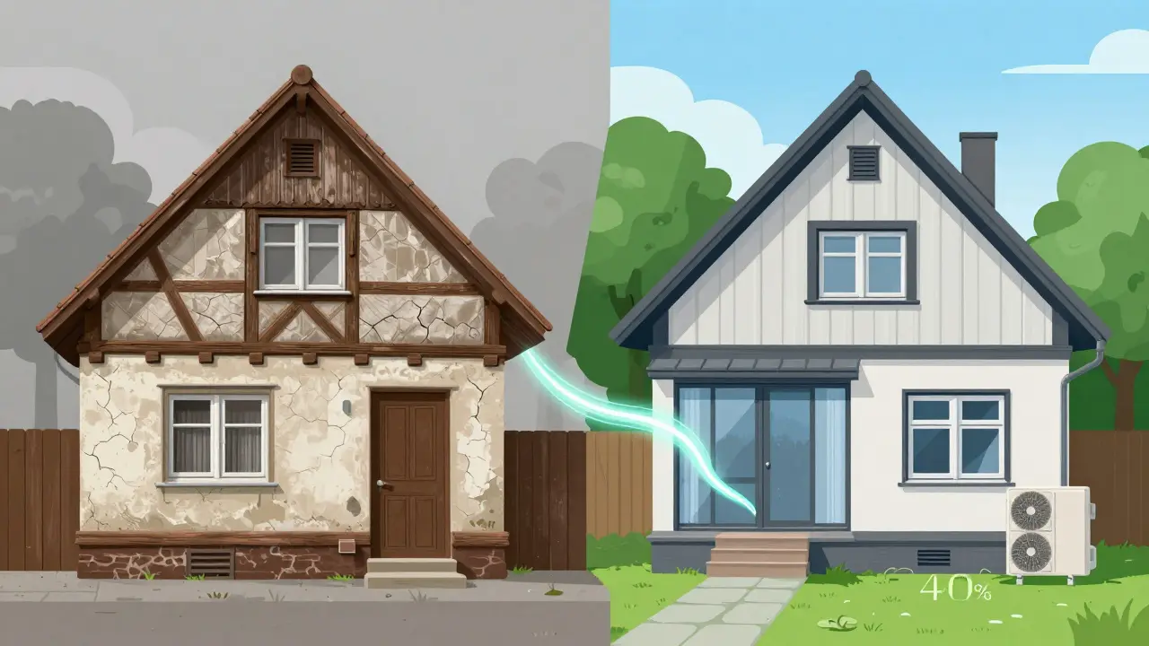 Vergleich eines alten Hauses mit einer energetisch sanierten Version, gezeigt als vorher-nachher-Darstellung.