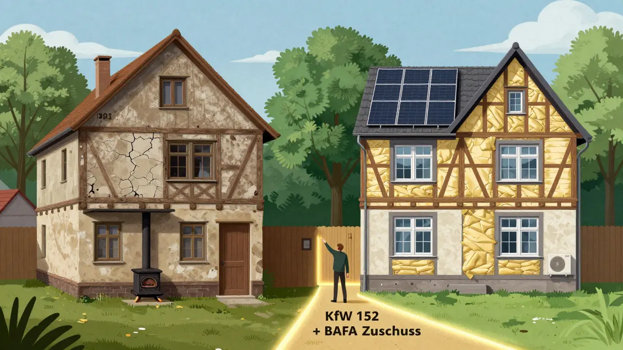 Vergleich eines alten und modernisierten Hauses mit Förderweg als goldenem Pfad zwischen beiden Seiten.