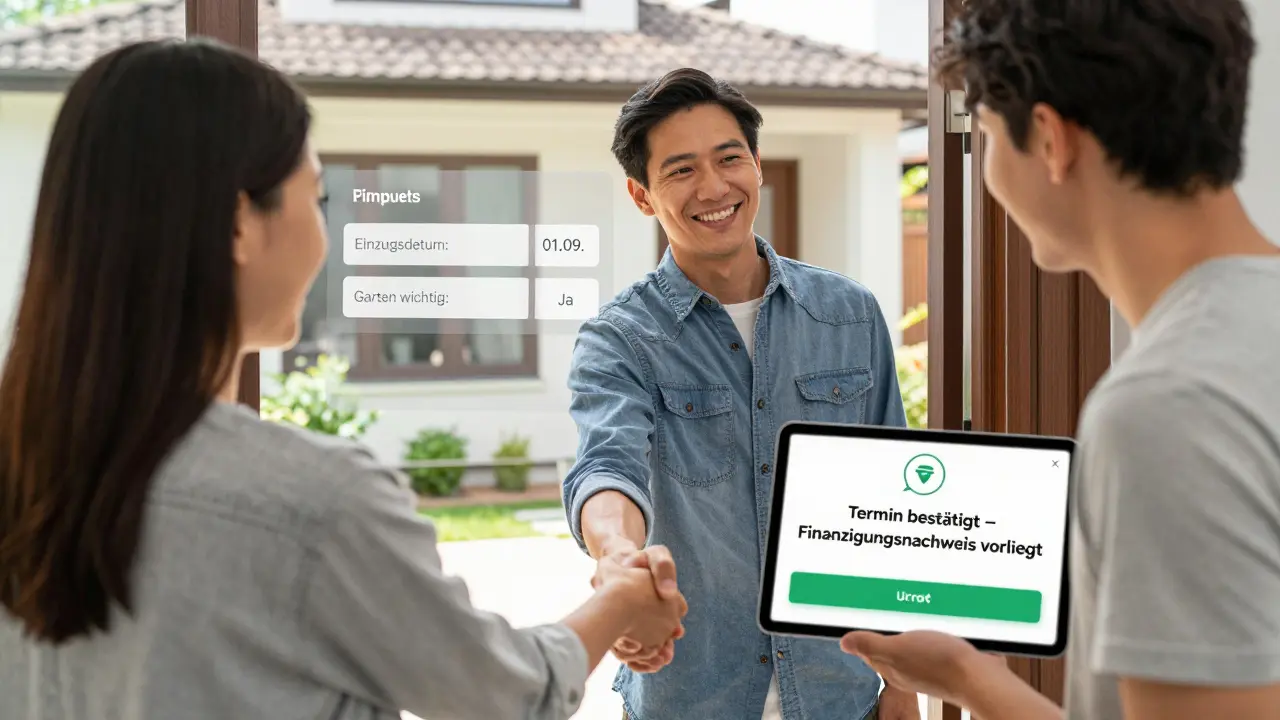Verkäufer und Interessent treffen sich an der Haustür, während ein digitales Formular die Finanzierungsfähigkeit bestätigt.