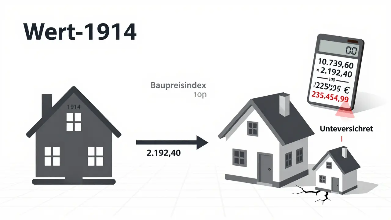 Visuelle Darstellung der Berechnung des Neubauwerts nach dem Wert-1914-System mit Baupreisindex.