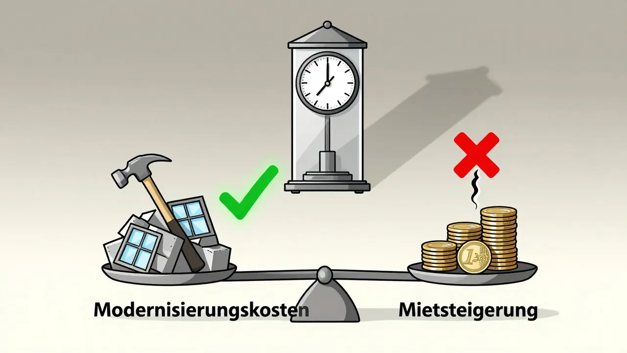 Waage mit Renovierungskosten auf einer Seite und Mieterhöhung auf der anderen, 5-Jahres-Uhr und Check-Mark als Symbol für rechtssichere Umsetzung.