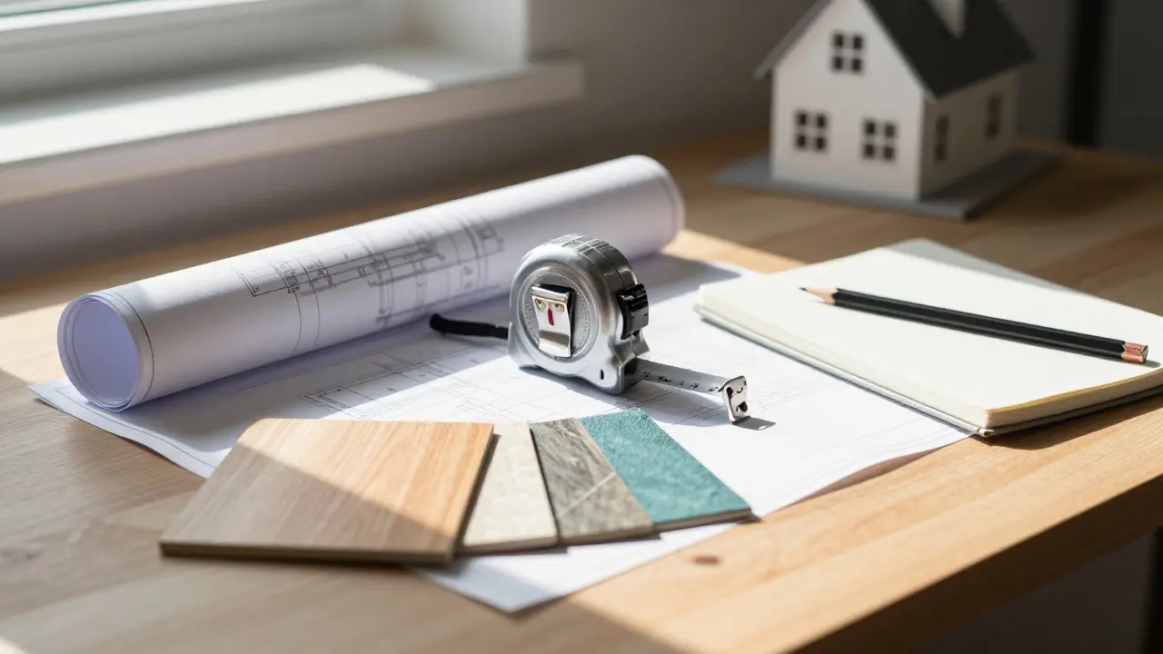 Werkzeuge für die Renovierung auf einem Holzschreibtisch.