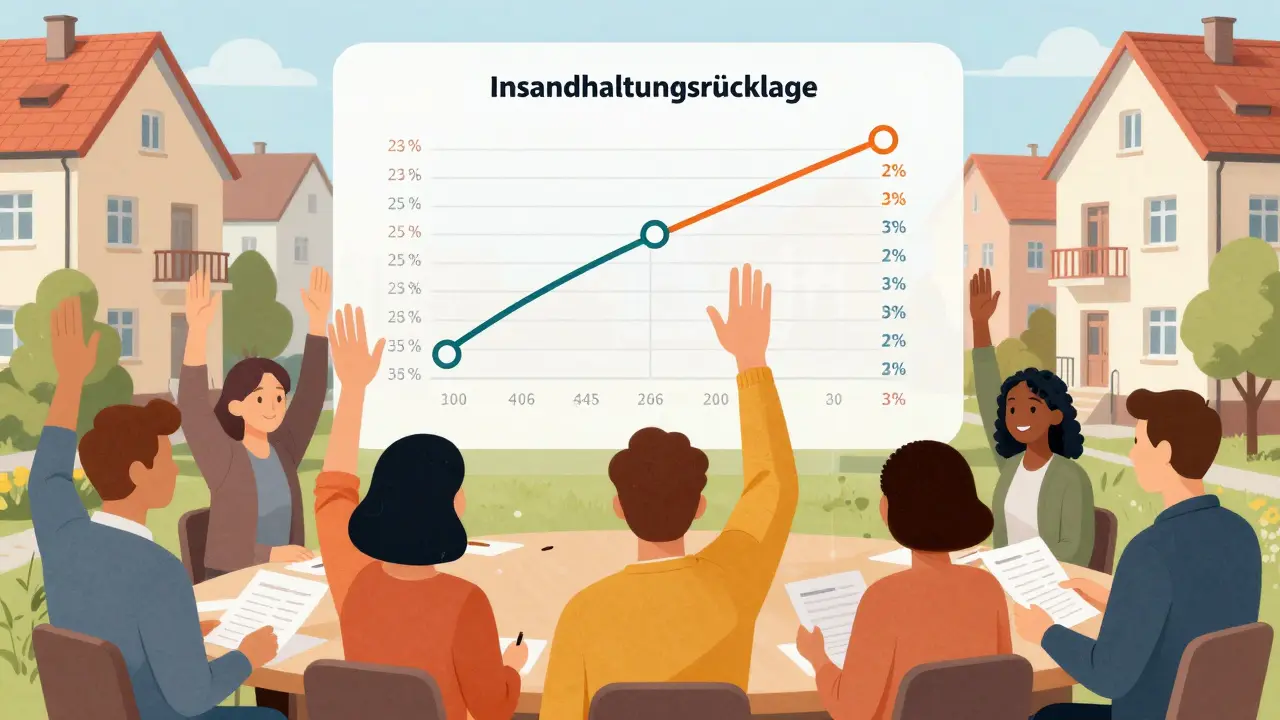 Wohnungseigentümer stimmen während einer Versammlung über Gemeinschaftskosten ab, mit Anteilsanteilen als visuelle Darstellung.