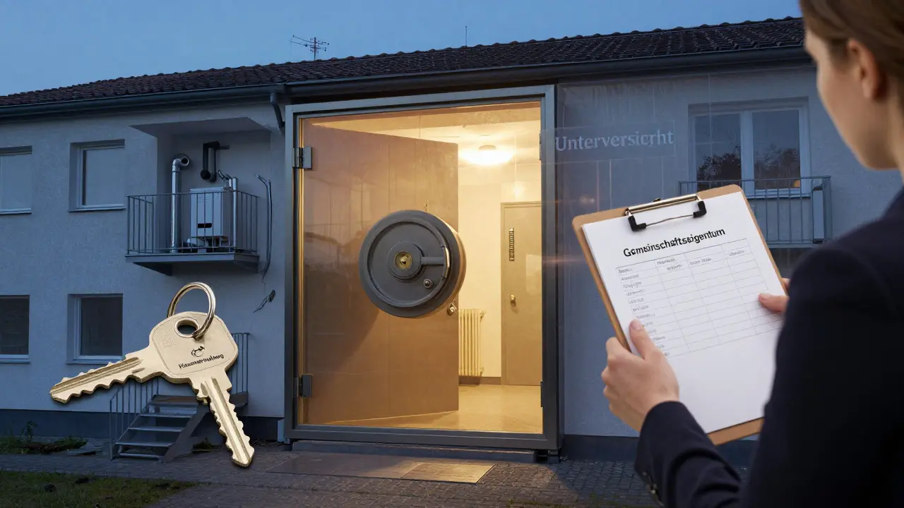 Woman mit Apartment-Fläche, während gemeinschaftliche Gebäudeteile unbeachtet bleiben.