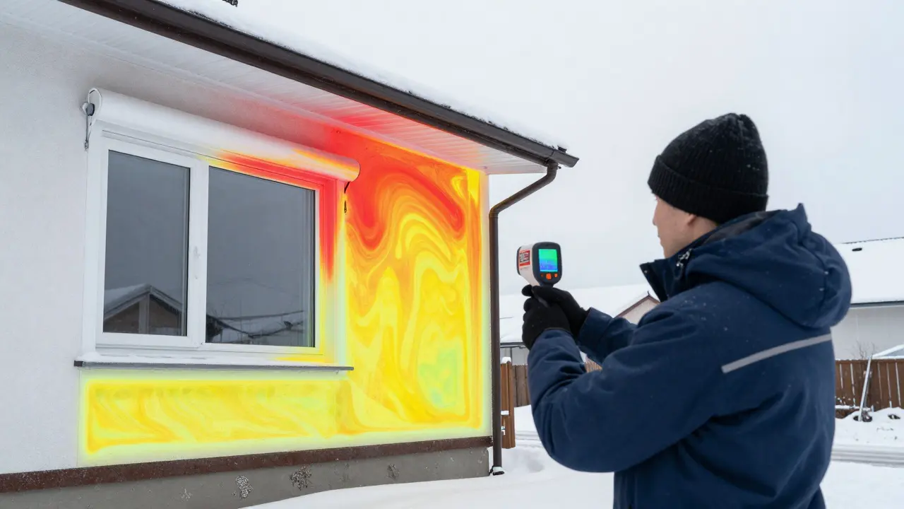 Zertifizierter Thermograf misst mit Wärmebildkamera die Fassade eines Hauses bei winterlichem Wetter.