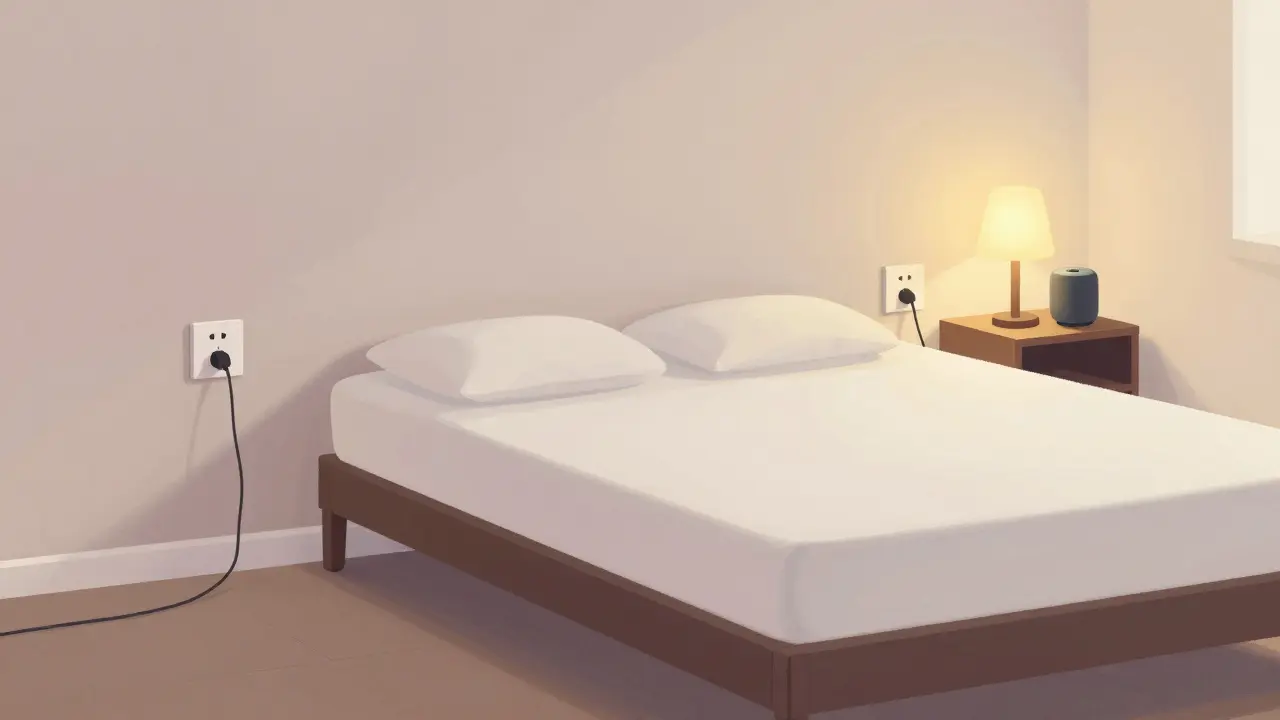 Zwei Steckdosen an jeder Seite eines Bettes, positioniert außerhalb der Bettfläche, mit Nachttischlampe und Ladegerät.