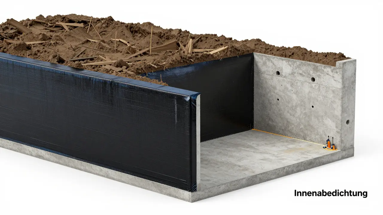 3D-Darstellung von Außen- und Innenabdichtung an einer Hausfundamentwand.