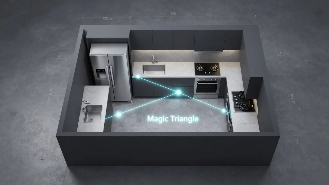 3D-Grundriss einer Küche mit visualisiertem magischen Dreieck zwischen Kühlschrank, Spüle und Herd.