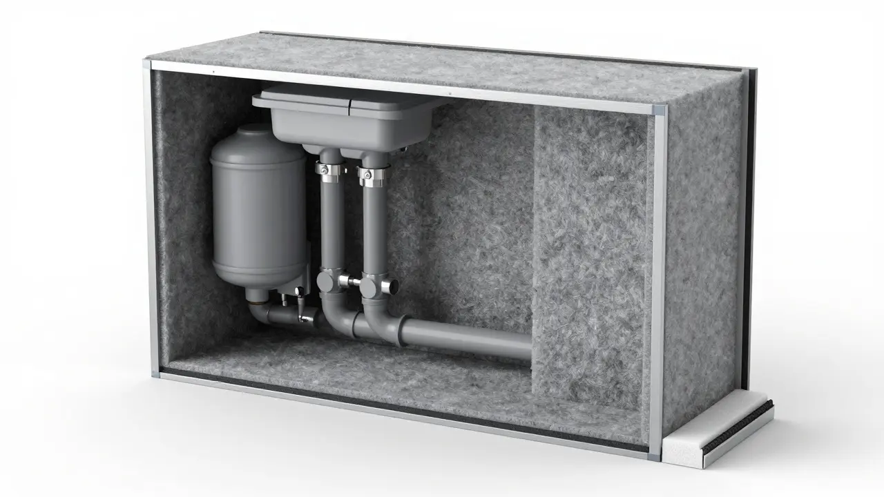 3D-Querschnitt einer Vorwandinstallation mit Wasserrohren und Mineralwolldämmung.