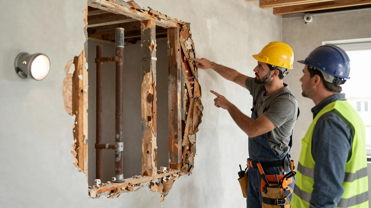Bauherr und Handwerker besprechen morsche Balken und alte Leitungen in einer offenen Wand.