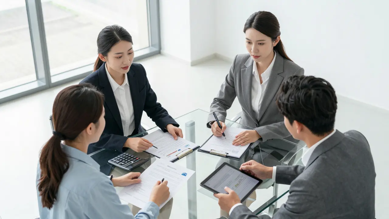 Beratungsgespräch zwischen einem Bankberater und einem Paar über die Immobilienfinanzierung in einem Büro.