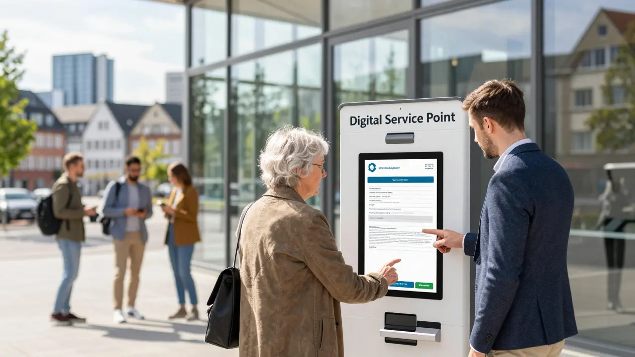 Bürger nutzen einen digitalen Informationskiosk in einem modernen deutschen Verwaltungsgebäude.