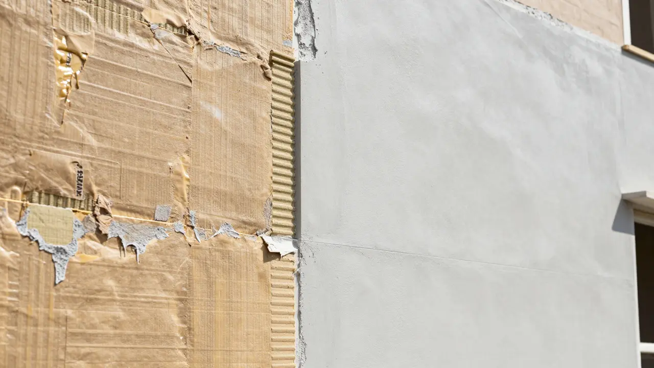 Detailansicht der Montage von Dämmplatten und neuem Putz an einer Hauswand.