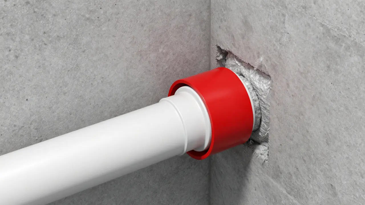 Detailansicht eines Brandschutzkragens an einem Kunststoffrohr in einer Brandschutzwand.