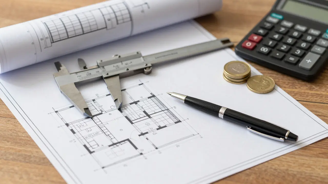 Detailaufnahme eines präzisen Bauplans mit Vertrag und Kalkulationstools auf einem Holztisch.