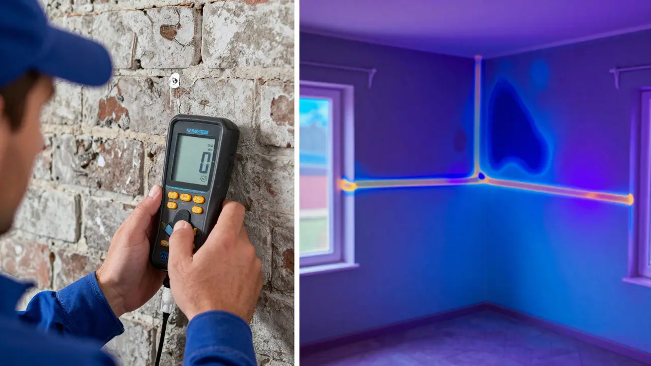 Diagnose von Feuchtigkeit mittels Feuchtemessgerät und Wärmebildkamera.