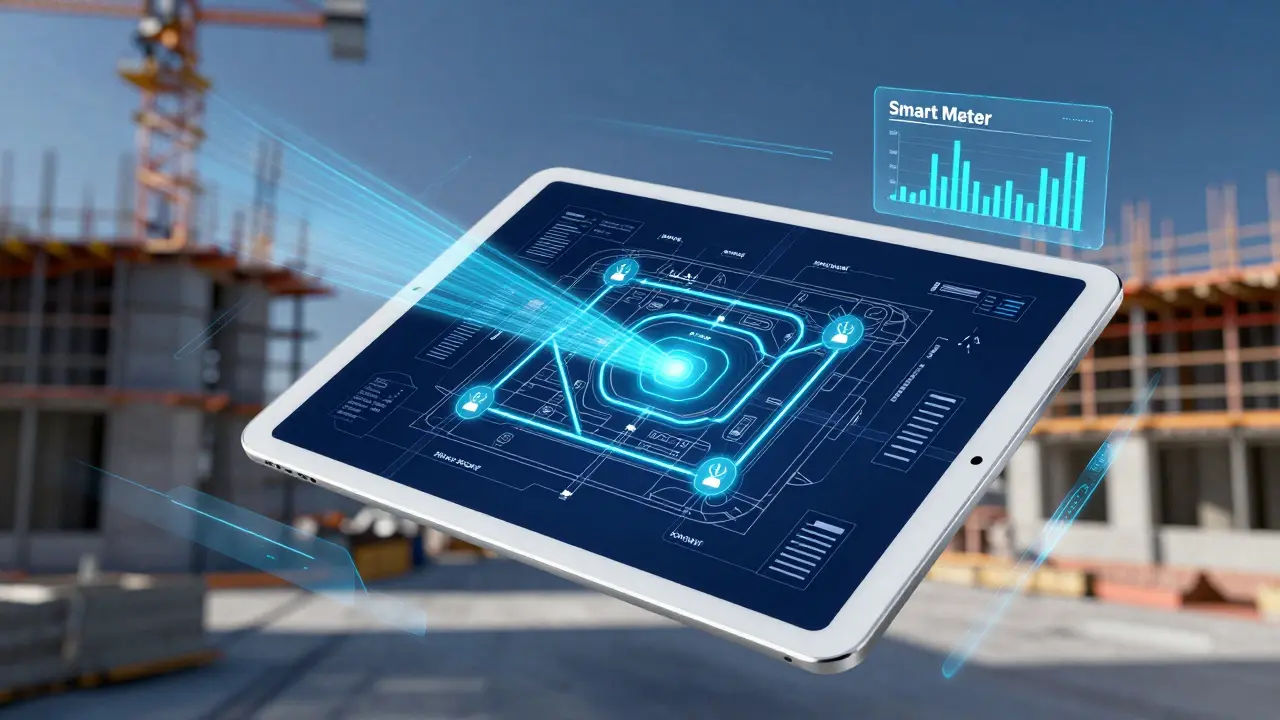Digitale Darstellung eines Bauplans mit Smart-Metering-Symbolen für Strom und Wasser.