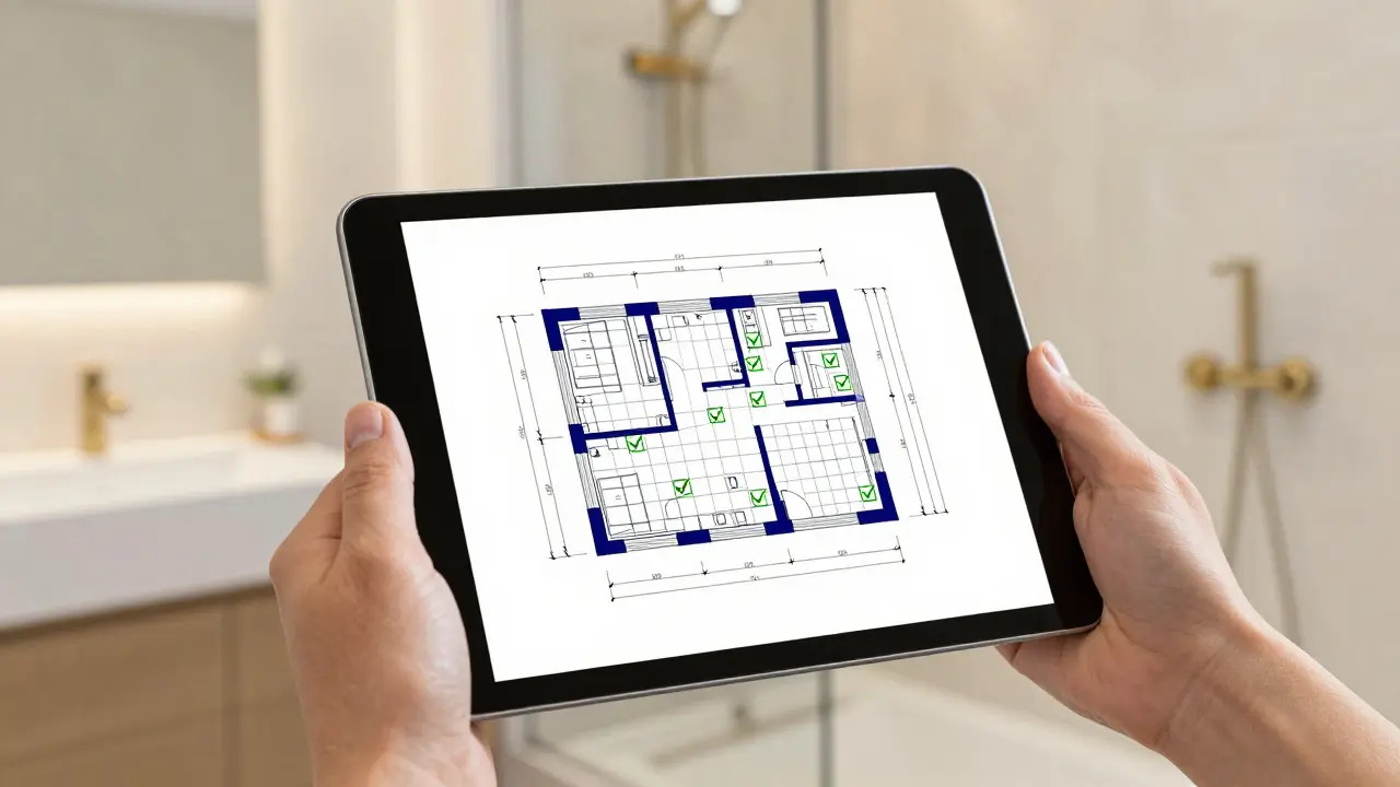 Digitale Dokumentation einer Brandschutzplanung auf einem Tablet vor einem fertigen Bad.