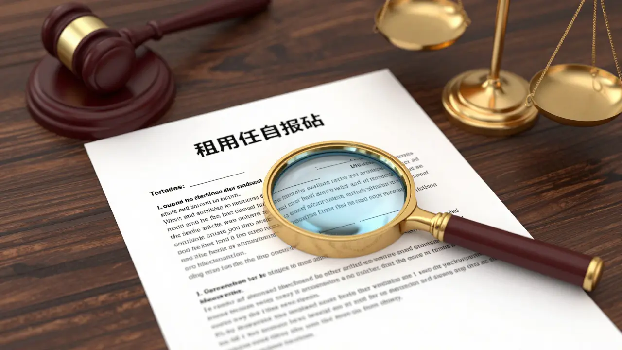 Ein Mietvertrag mit einer Lupe, einem kleinen Richterhammer und einer Waage auf einem Tisch.