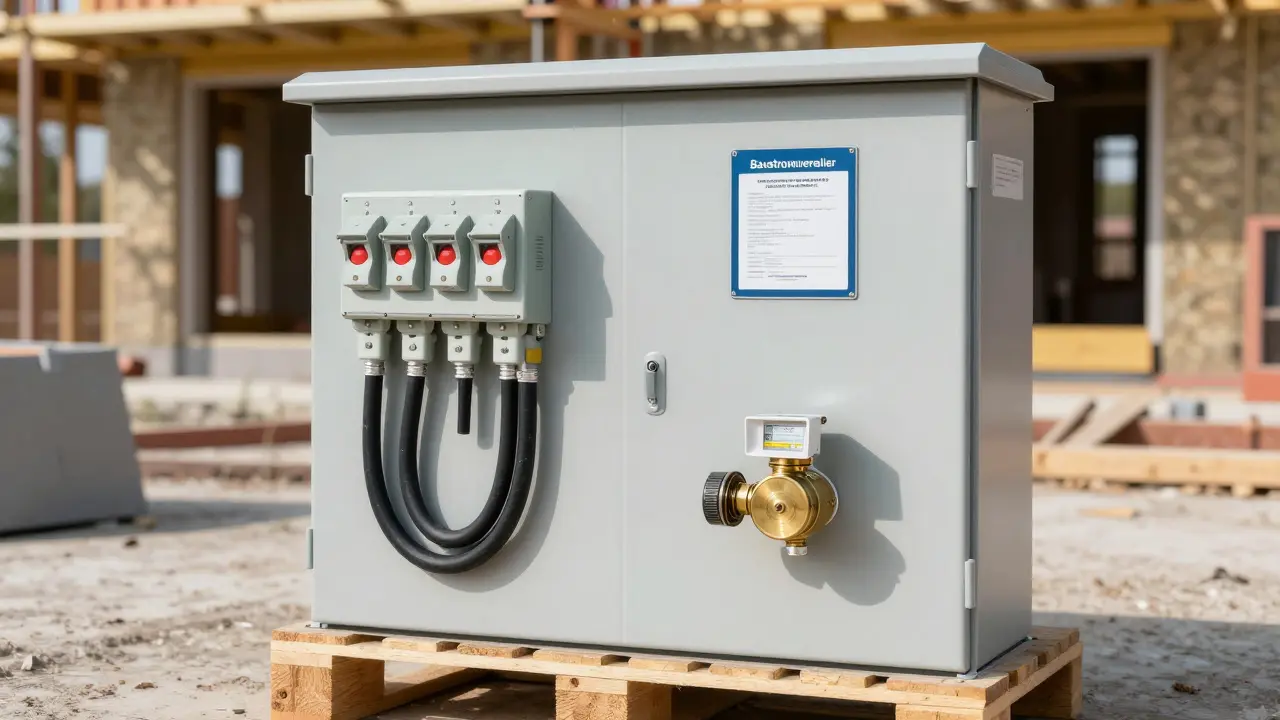 Ein professionell installierter Baustromverteiler und Wasserzähler auf einer Baustelle.