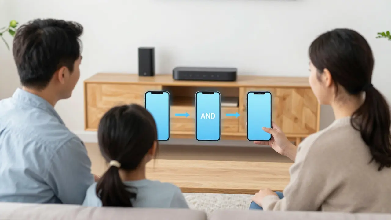 Familie im Wohnzimmer mit symbolischer Darstellung der Mehrpersonen-Logik im Smart Home.