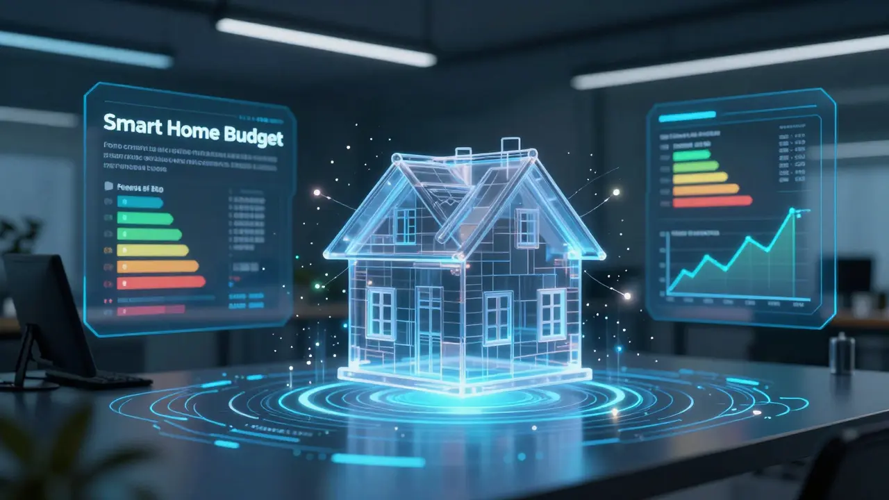 Futuristisches Hologramm eines Hauses mit Datenströmen zur Energieeffizienzplanung.