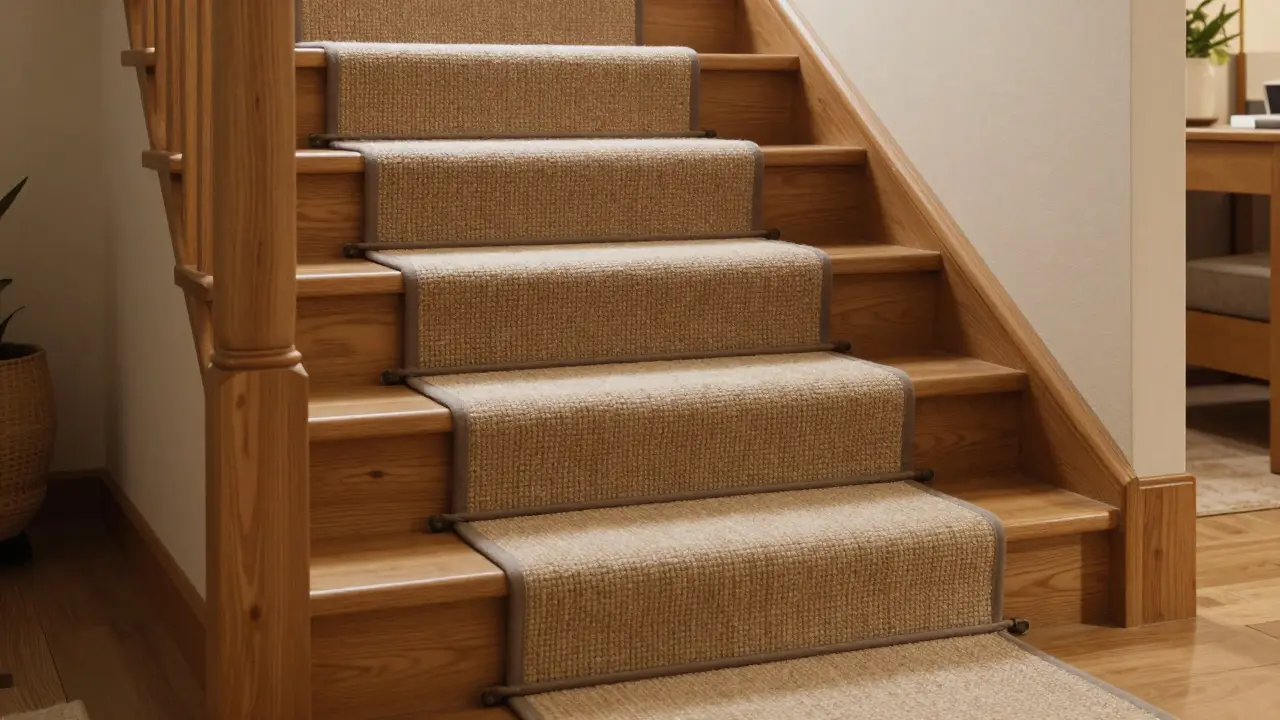 Gemütliche Holztreppe mit einem rutschfesten Sisal-Treppenläufer