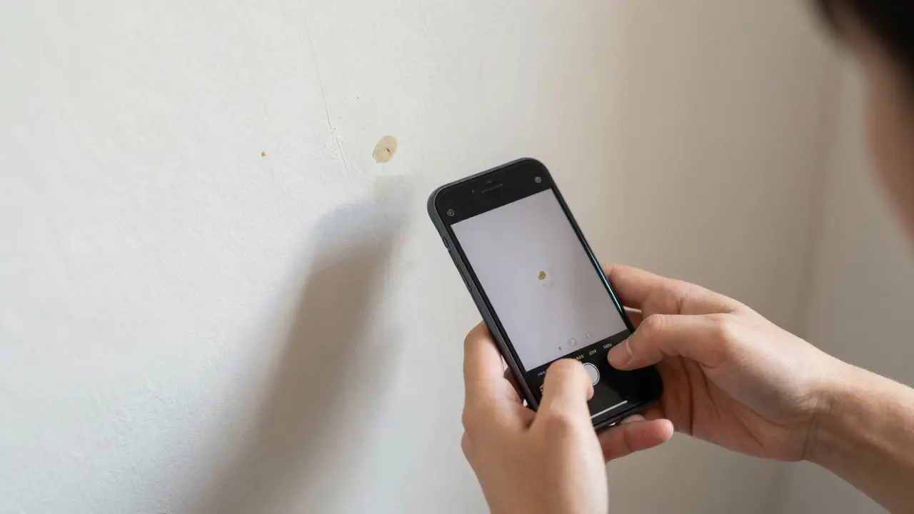 Hände, die mit einem Smartphone eine beschädigte Tapete in einer Wohnung fotografieren.