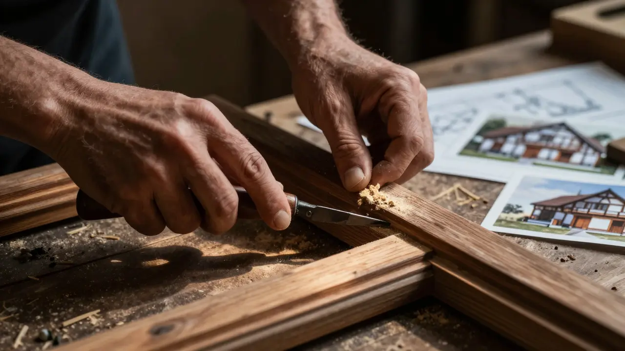 Handwerker restauriert ein traditionelles Holzfenster nach historischen Vorgaben