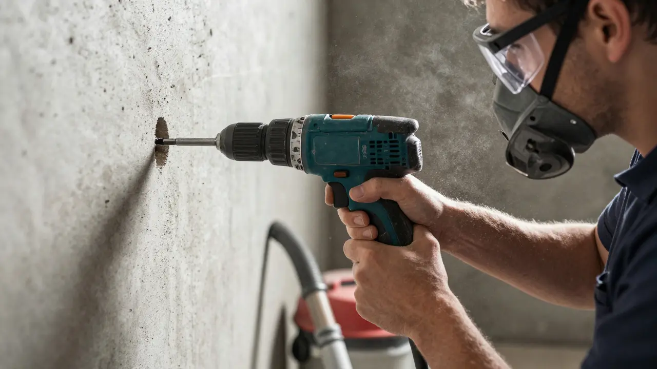 Heimwerker mit Schutzbrille und Maske bohrt präzise in Beton