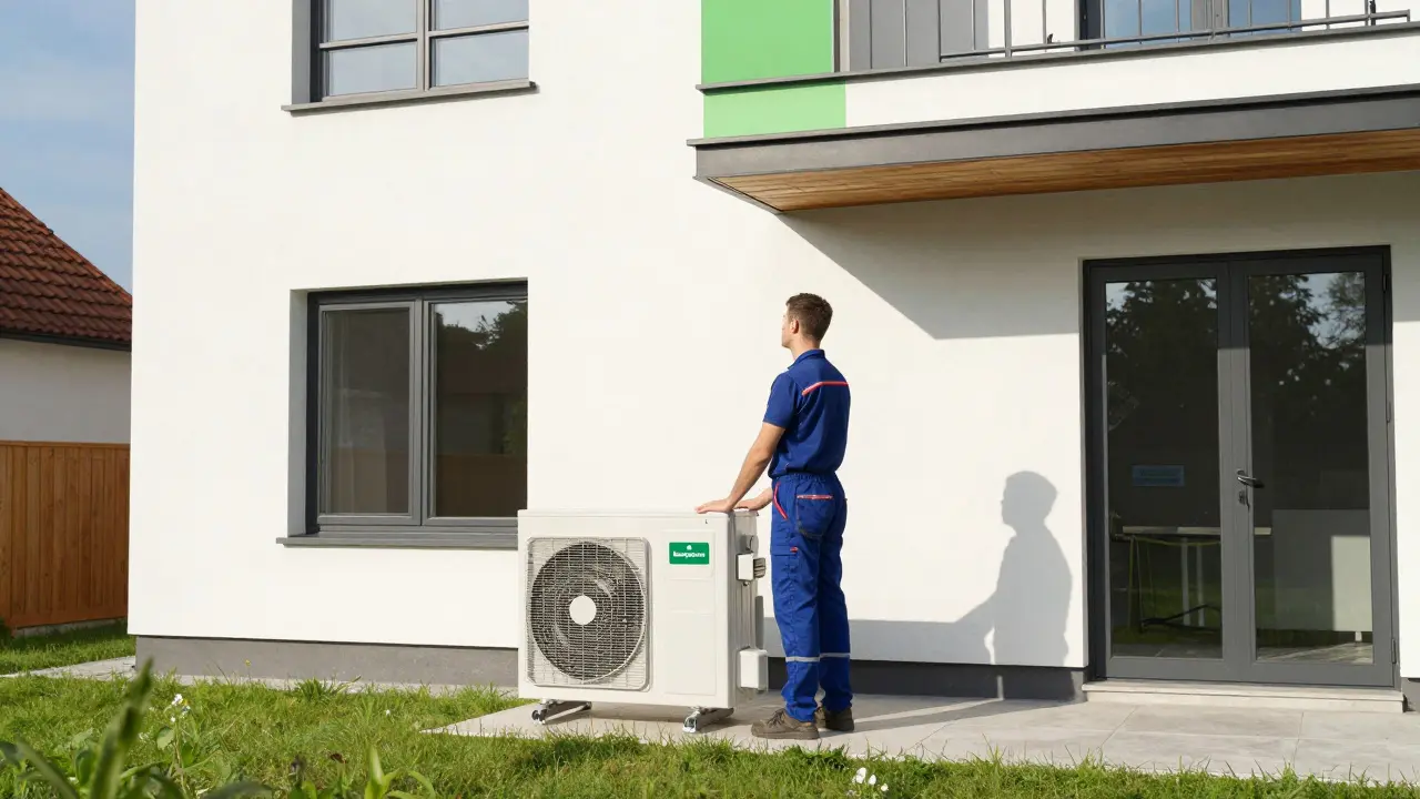 Installation einer modernen Wärmepumpe an einem Haus als Beispiel für energetische Sanierung.