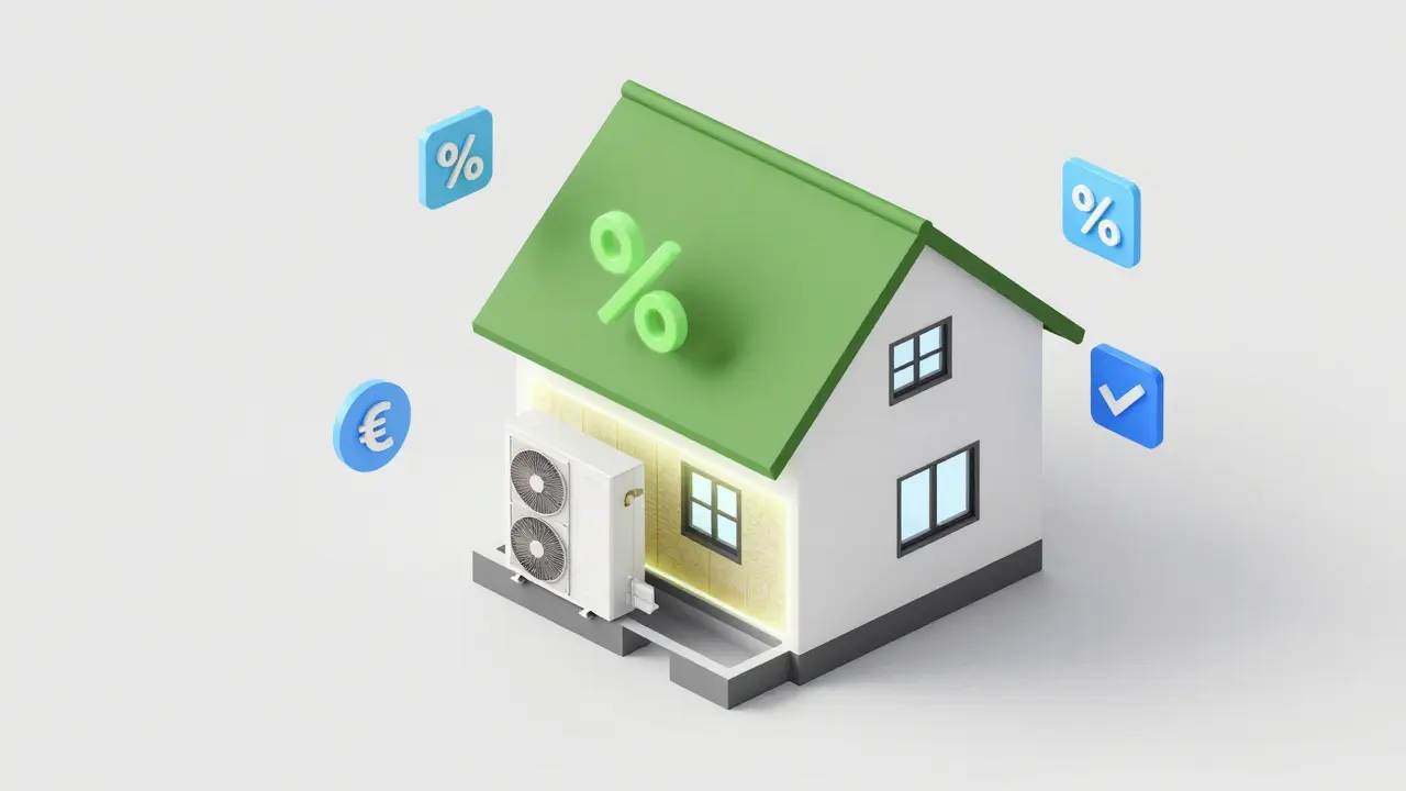 Isometrische Darstellung eines Hauses mit digitalen Symbolen für Förderung und Energieeinsparung.