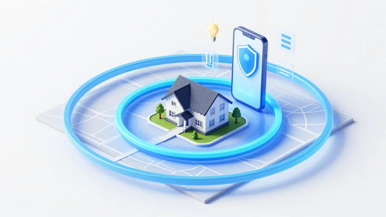 Isometrische Darstellung von Geofencing-Radien um ein Haus mit Smartphone-Trigger.
