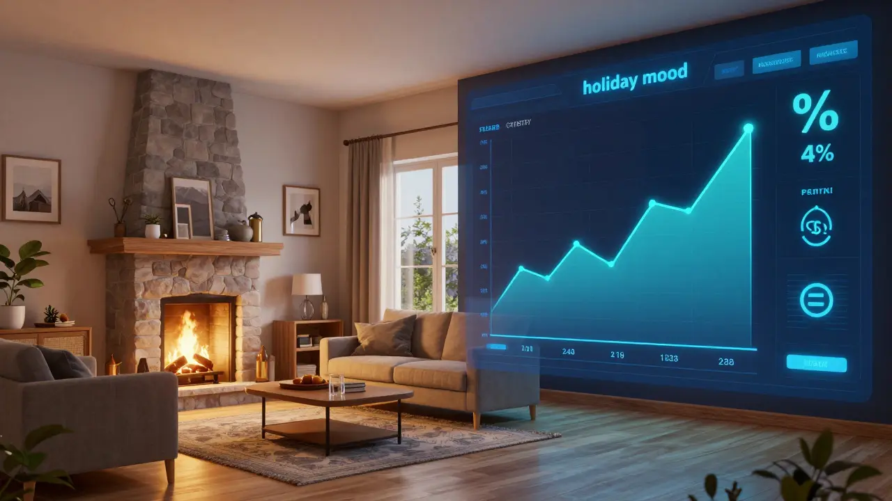 Konzeptbild: Gemütliches Ferienhaus kombiniert mit Finanzanalysen und Renditecharts