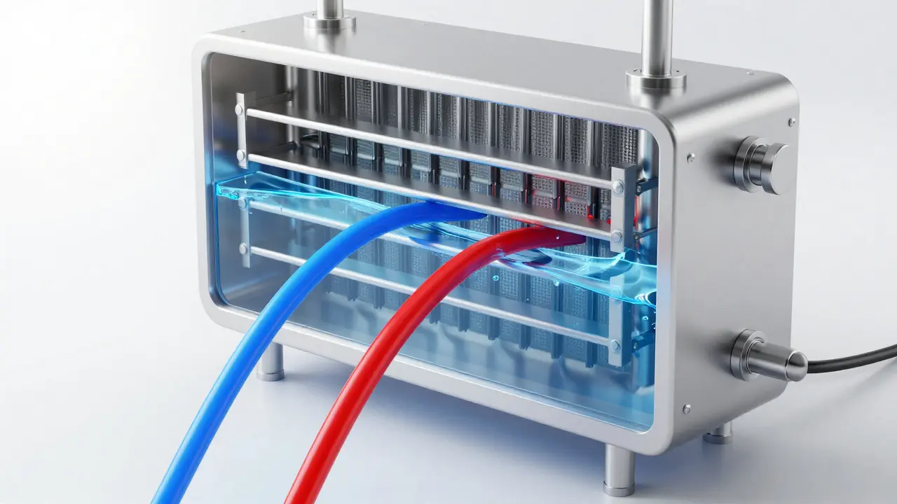 Konzeptdarstellung eines modernen Plattenwärmetauschers einer Frischwasserstation.
