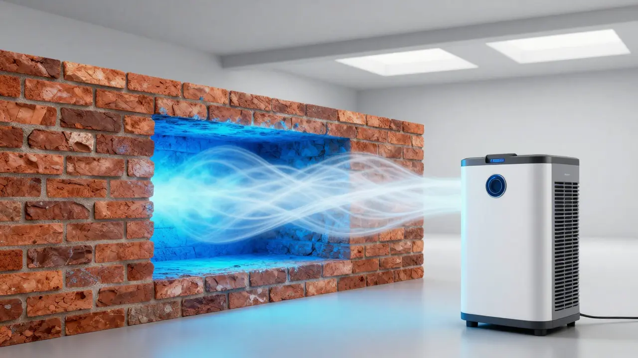 Konzeptdarstellung von Feuchtigkeit im Mauerwerk und der Entfeuchtung durch ein Gerät