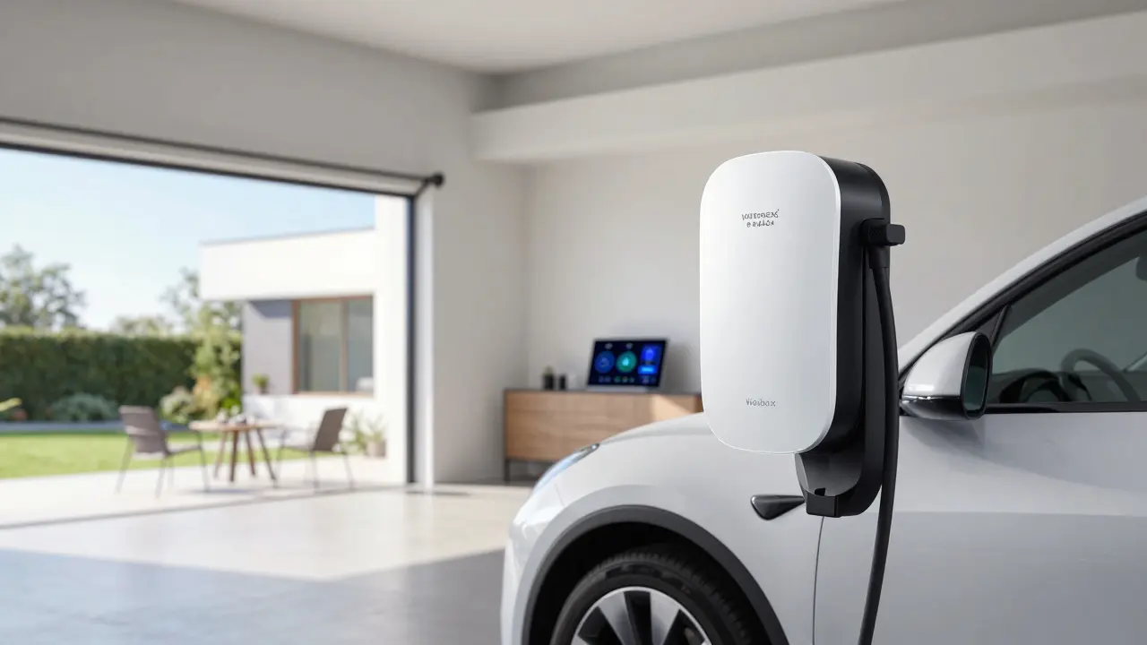 Moderne Elektroinstallation mit Wallbox für Elektroautos in einer Garage