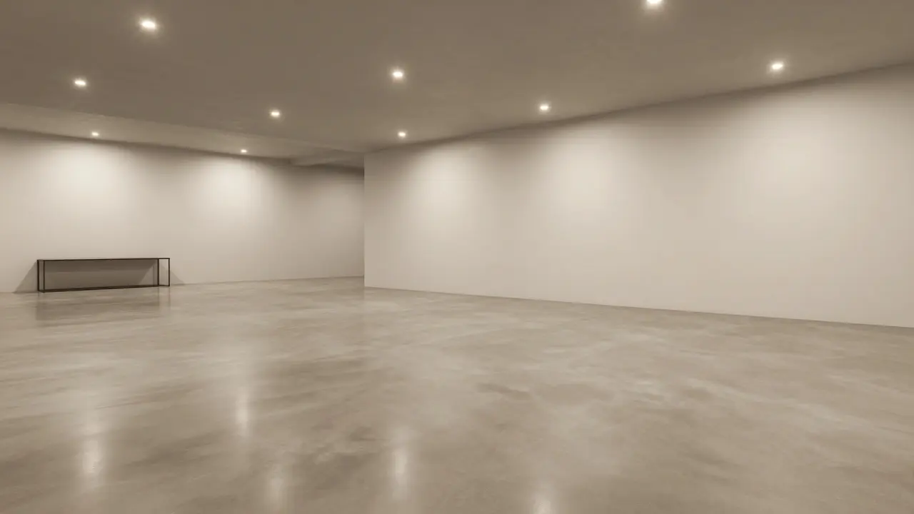 Moderner Kellerraum mit glattem, nahtlosem Epoxidharzboden im Industrie-Loft-Stil