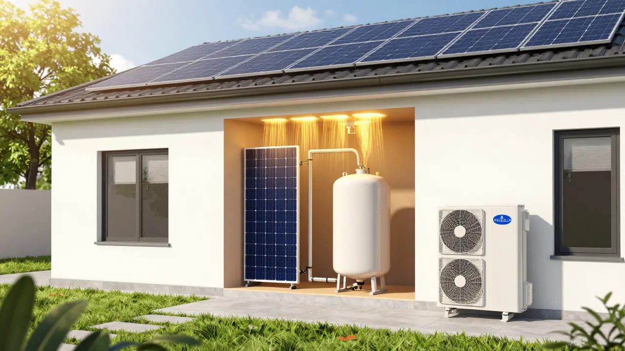 Modernes Haus mit Solarthermie, Wärmepumpe und effizientem Warmwassersystem.