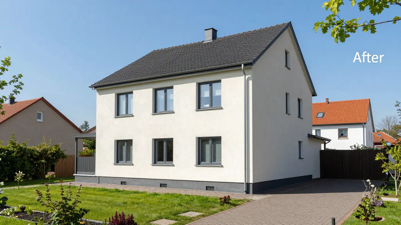 Modernisiertes Einfamilienhaus nach einer energetischen Fassadensanierung.