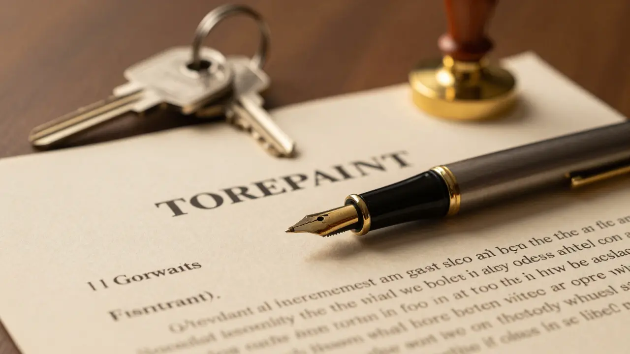 Nahaufnahme eines Kaufvertrags mit einem Füller und Hausk Schlüsseln im Hintergrund.