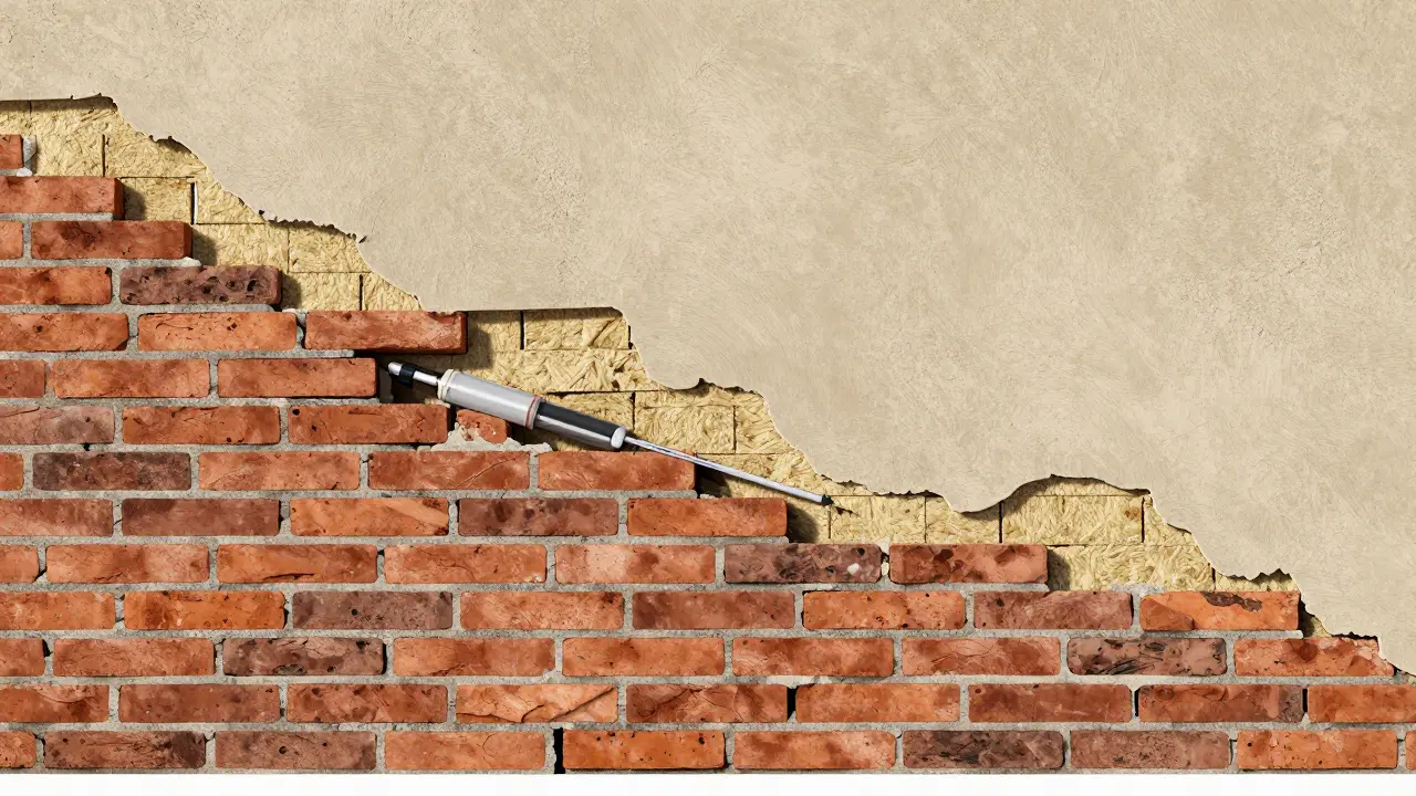 Querschnitt einer Wand bei Sanierung mit Injektionssperre und Hanfdämmung.