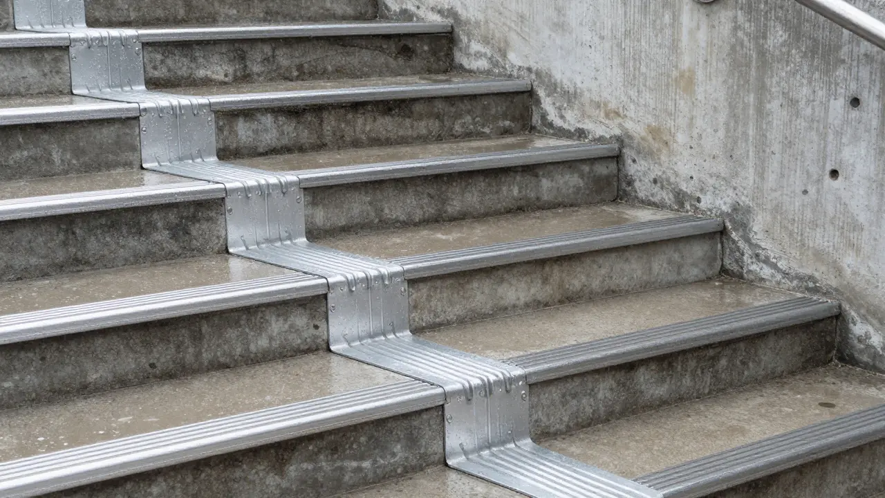 Robuste Aluminium-Antirutschprofile an einer Außentreppe aus Beton