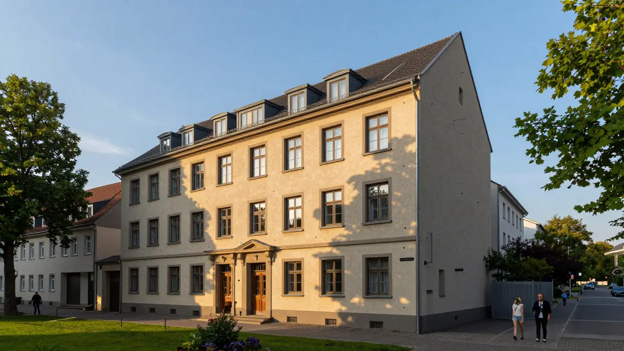 Sanierter Altbau mit integrierter Verstärkung in deutscher Stadtlandschaft.