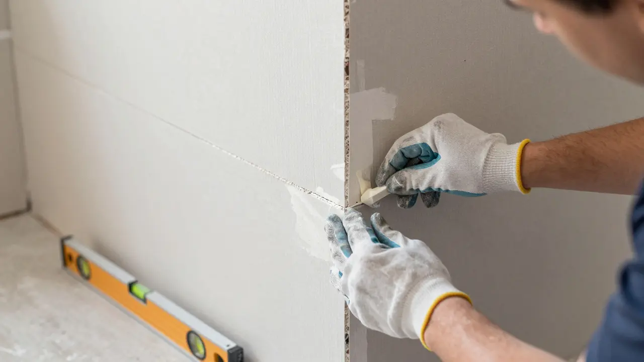 Spachteln der doppelt beplankten Gipskartonplatten einer Sanitärvorwand.