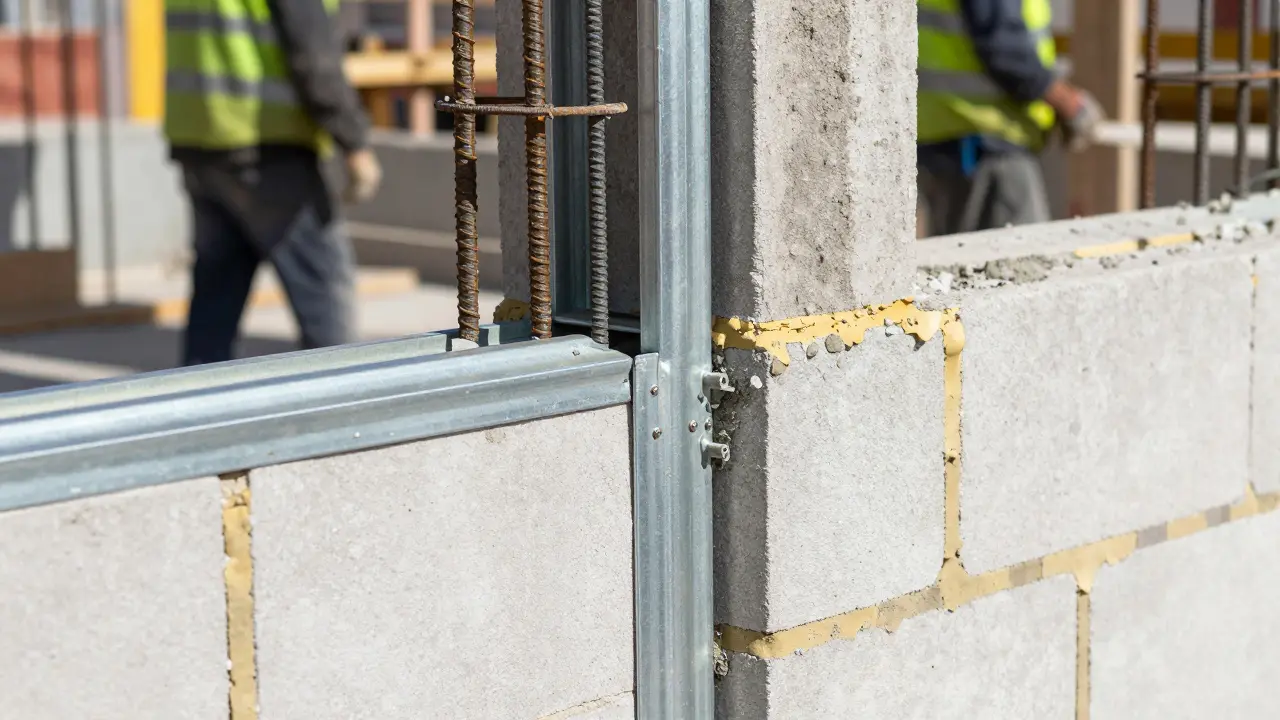 Stahlverstärkung wird an bestehender Wand zur Erdbebensicherung montiert.